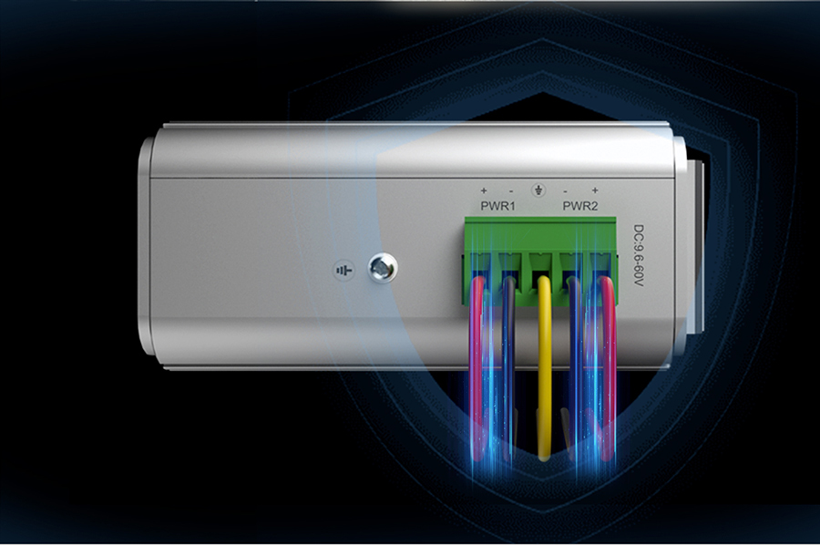 Hai ngõ nguồn dự phòng PWR1, PWR2 9,6–60 VDC trên switch công nghiệp dòng USR-ISG/ISF